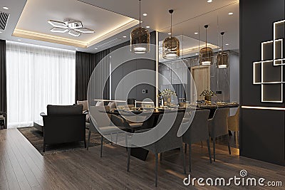 Functional Beauty Dining Cum Living Space with Modern Furnishings, White Ceiling with Florida LED Light, Pendant Chandelier Stock Photo