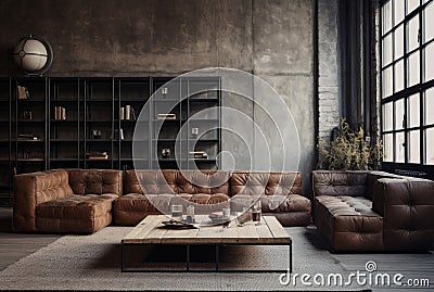 Functional Living room industrial style. Generate Ai Stock Photo