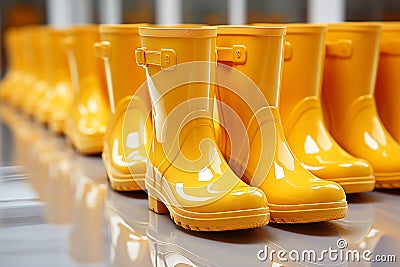 Functional style, Array of yellow rain boots highlighted on a white isolated background Stock Photo