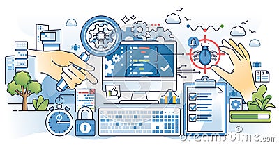 Functional testing and examining bugs in app system outline hands concept Vector Illustration