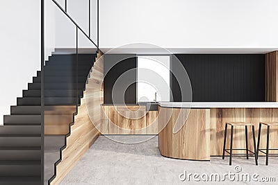 Functional white, black, wooden kitchen interior Stock Photo
