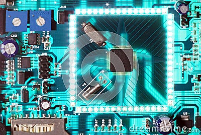 Electronic chip circuit board glowing Stock Photo