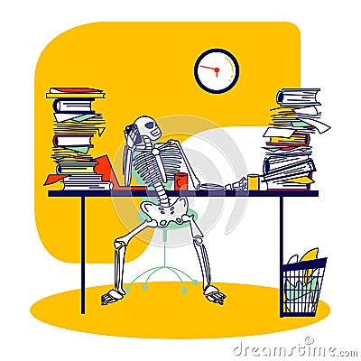 Functioning Capacity, Hard Working Concept. Skeleton Businessperson Character Sitting at Office Desk with Piles of Paper Vector Illustration
