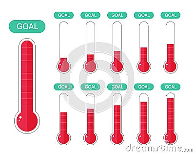 Fundraiser and charity goal thermometer. Growth fund donation success icon set. Vector Vector Illustration