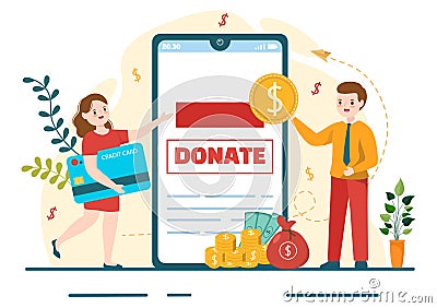 Fundraising Charity and Donation Vector Illustration with Volunteers Putting Coins or Money in Donation Box in Financial Support Vector Illustration