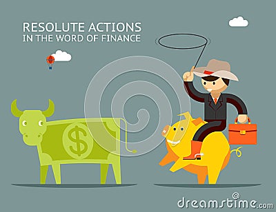 Fundraising concept. Businessman on pig catches Vector Illustration