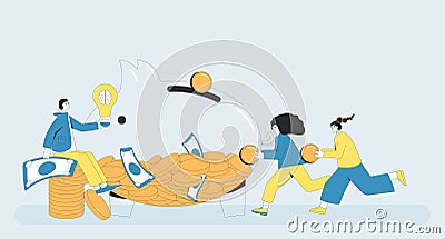 Fundraising concept. Entrepreneur sitting on pile of coins and holding light bulb with mind symbol Vector Illustration