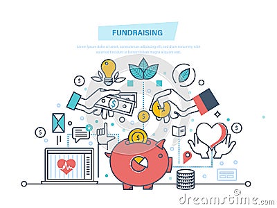 Fundraising concept. Fundraising event, volunteer center. Donation in heart form. Vector Illustration