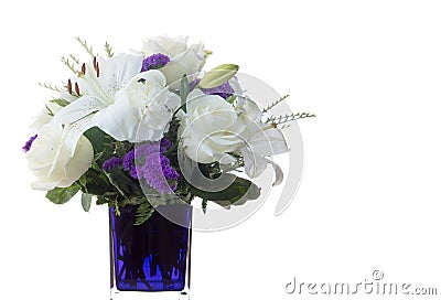 Funeral or Valentines Day Bouquet purple White flowers, Sympathy and Condolence Concept on white background Stock Photo