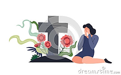 Funeral burial ceremony person sitting by tombstone and crying Vector Illustration