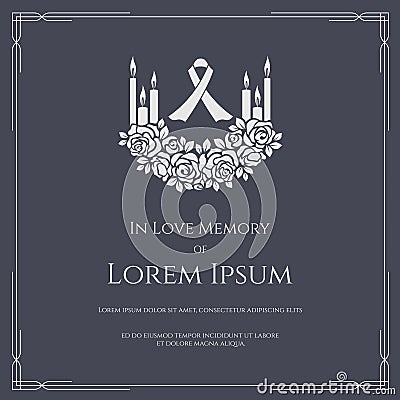 Funeral card banner - white ribbon sign and candle light on bouquet of white rose and text vector design Vector Illustration