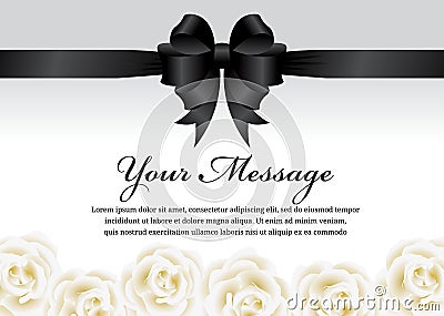 Funeral card - Black ribbon bow and white rose flower vector design Stock Photo