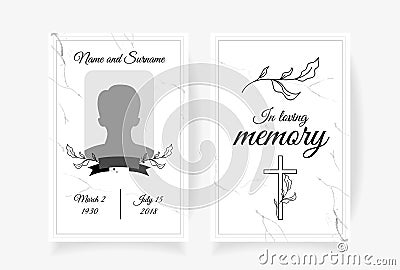 Funeral card template design with branches place under photo cross name and dates of death. Vector illustration in black Vector Illustration