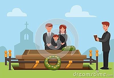 Funeral ceremonial in christian religion. people sad family member passed away concept scene illustration in cartoon vector Vector Illustration