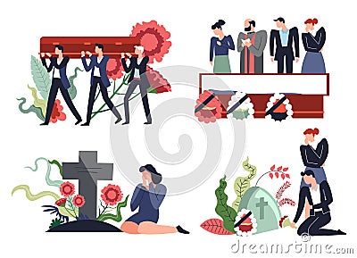 Burring and interment, funeral ceremony on cemetery, isolated icons Vector Illustration