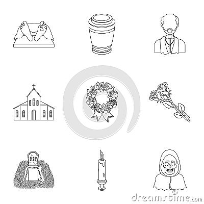 Funeral ceremony, cemetery, coffins, priest.Funeral ceremony icon in set collection on outline style vector symbol stock Vector Illustration