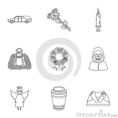 Funeral ceremony, cemetery, coffins, priest.Funeral ceremony icon in set collection on outline style vector symbol stock Vector Illustration