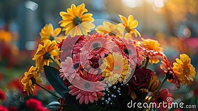 Funeral Floral Tribute: Bouquet of Flowers Resting on a Cemetery Headstone - AI-Generated Concept Stock Photo