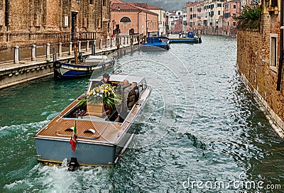 Funeral Hearse Boat With coffin in Venice. 01.11.2016 VENICE ITALY Editorial Stock Photo