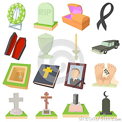 Funeral icons set, cartoon style Vector Illustration