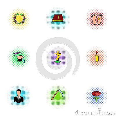 Funeral icons set, pop-art style Vector Illustration