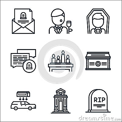 Funeral line icons. linear set. quality vector line set such as grave, mausoleum, hearse, coffin, candles, talk, funeral, man Vector Illustration