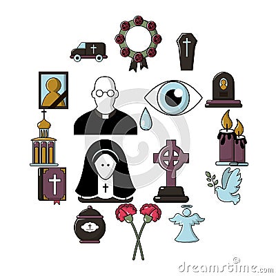 Funeral ritual service icons set, cartoon style Vector Illustration