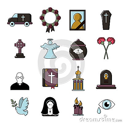 Funeral ritual service icons set, cartoon style Vector Illustration