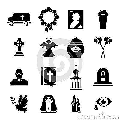 Funeral ritual service icons set, simple style Vector Illustration