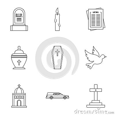 Funeral services icons set, outline style Vector Illustration