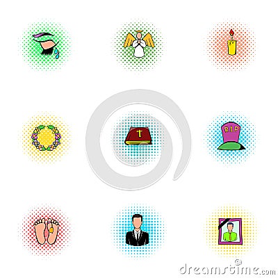Funeral services icons set, pop-art style Vector Illustration