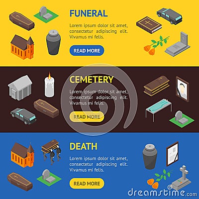 Funeral Signs 3d Banner Horizontal Set Isometric View. Vector Vector Illustration