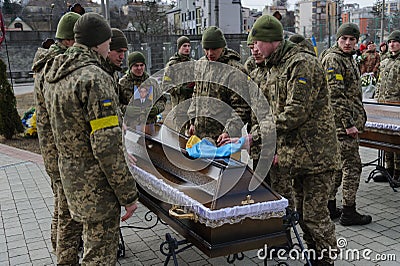 The funeral of three Ukrainian soldiers killed in battles with Russian troops Editorial Stock Photo