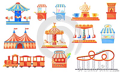 Funfair carousels. Amusement park on fairground with horse carousel, fun fair rides and roller coaster carnival circus Vector Illustration