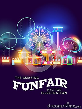 Funfair Rides At Night Background Vector Illustration