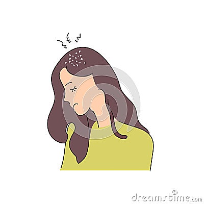 Dandruff on the girl`s hair. Pathologies of fungal diseases, seborrhea, psoriasis. Vector graphics of the epidermis problem Vector Illustration