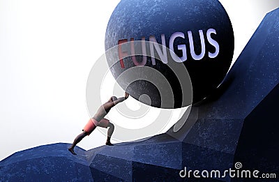 Fungus as a problem that makes life harder - symbolized by a person pushing weight with word Fungus to show that Fungus can be a Cartoon Illustration