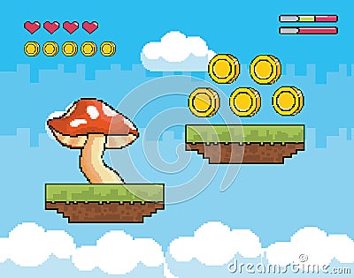 Fungus with coins and heart life bars Vector Illustration