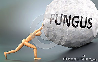 Fungus and painful human condition, pictured as a wooden human figure pushing heavy weight to show how hard it can be to deal with Cartoon Illustration