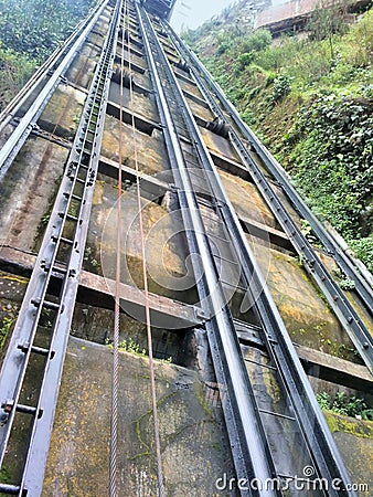 Funicular cable car tracks. Valparaiso, Chile. Stock Photo