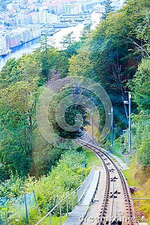 Funicular Railway in Bergen, Norway, climbing Mount Floyen. Stock Photo