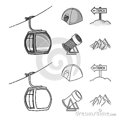 Funicular, tent, road sign, snow cannon. Ski resort set collection icons in outline,monochrome style vector symbol stock Vector Illustration