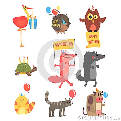 Funky Animals With Party Attributes At The Kids Happy Birthday Celebration Set Of Cartoon Fauna Characters Vector Illustration