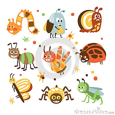 Funky Bugs And Insects Collection Of Small Animals With Smiling Faces And Stylized Design Of Bodies Vector Illustration