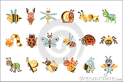 Funky Bugs And Insects Set Of Small Animals With Smiling Faces And Stylized Design Of Bodies Vector Illustration