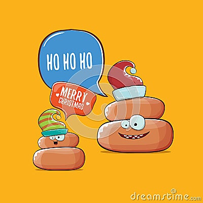 Funky christmas hand drawn greeting card. vector funny cartoon cool tiny brown poo character with santa red and his poo Vector Illustration