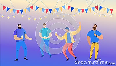 Funky figures men dancing, chatting at the party. Celebration of festivals in the evening in the summer on the street. Vector Illustration