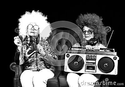 Funky grandma DJ twin retro ghettoblaster Stock Photo