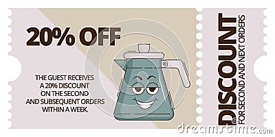 Funky groovy cartoon character Coffee discount coupon. Vintage funny mascot patch psychedelic smile, emotion. Design art Vector Illustration