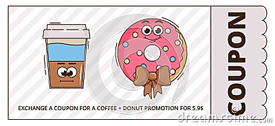 Funky groovy cartoon character Coffee, Donat promotion gift coupon. Vintage funny mascot patch psychedelic smile Vector Illustration